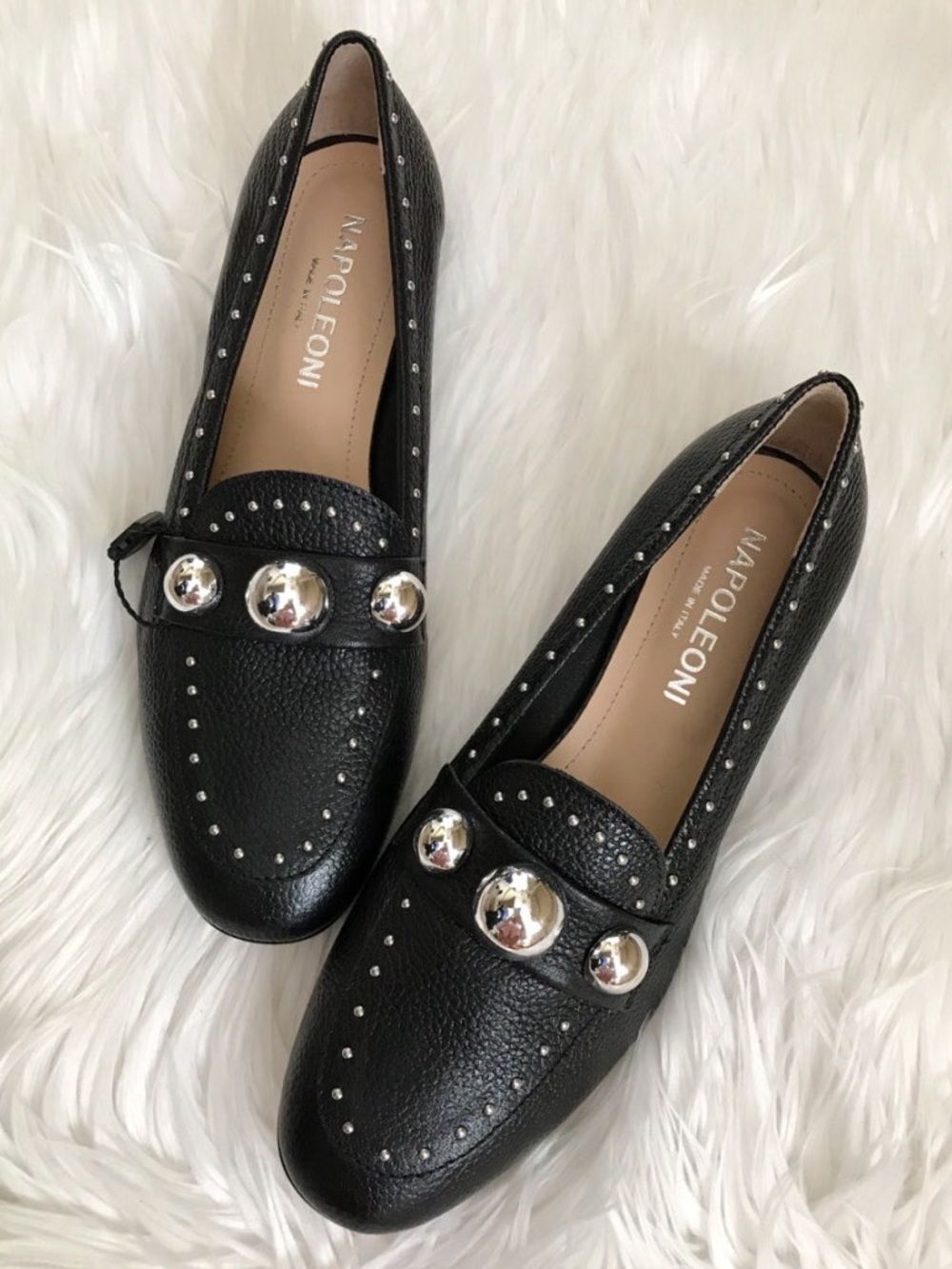 Napoleoni Black Leather Silver Studded Loafers 9